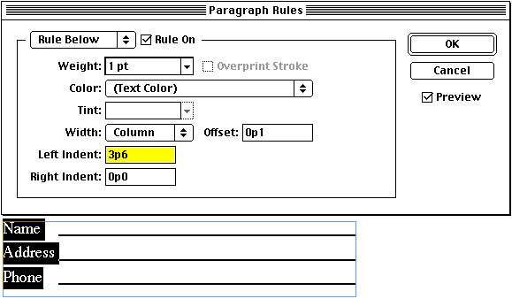 Paragraph Rules palette with Rule Below turned on