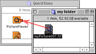 the TIFF document icon dragged to the PictureViewer application icon