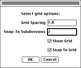 Grid options dialog with Show and Snap checked