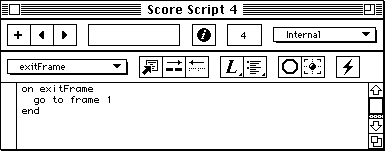 line 1: 'on exitFrame'; line 2: 'go to frame 1'; line 3: 'end'