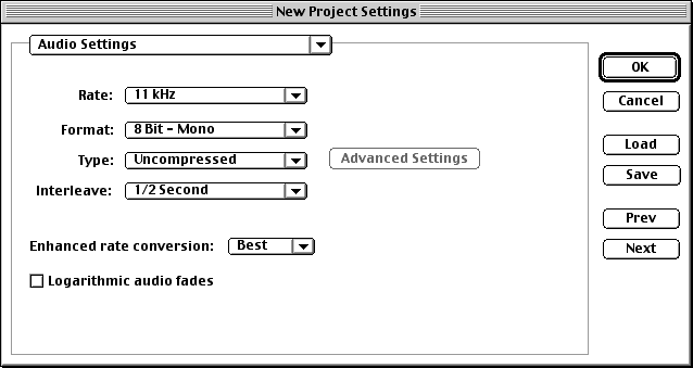 New Project--Audio settings