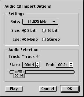Options dialog for audio CD import