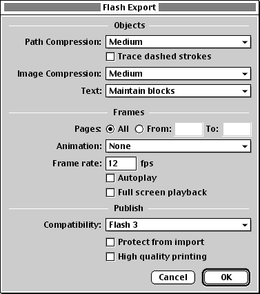 options dialog for SWF files