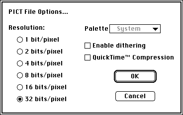 the PICT File Options dialog
