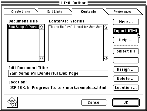 export HTML from HTML Author dialog