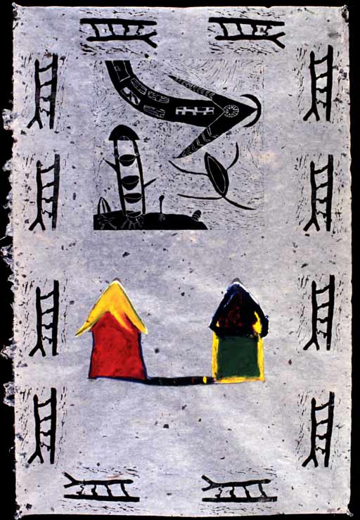 pair of houses, dancing almond, flying house